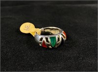 Dome Style Ring Inlaid with Green, Black, & Orange