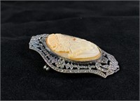 Large Shell Cameo Mounted in Marcasite Pin/Pendent