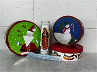Christmas tins & Our Lady of Guadalupe candle new