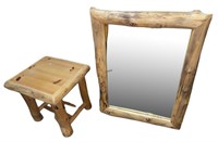 WOODWORKS RUSTIC LOG PINE SIDE TABLE & MIRROR