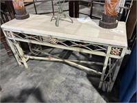ANTIQUE IRON BASE CONSOLE WITH TRAVERTINE TOP