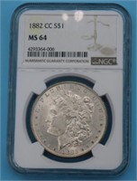 1882 CC; MORGAN DOLLAR, MS64, SLABBED & GRADED BY