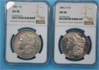 2 MORGAN SILVER DOLLARS, 1881 0, AU58 & 1887