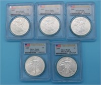 (5) 2009 SILVER EAGLES, ALL MS70, GRADED BY PCGS