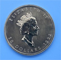 1992 CANADIAN $50 GOLD MAPLE LEAF, 9999 FINE 1