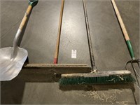 2 Push Brooms, Shovel & Pitchfork