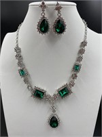Emerald & White Sapphire Necklace & Earrings Set