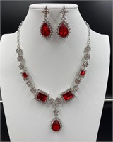 Red Ruby & White Sapphire Necklace & Earrings Set