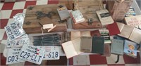 3 old wooden box crates books + contents