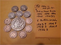 12 US coins 1896 O Morgan silver dollar + more