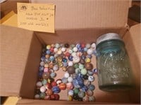 Ball pint aqua #3 jar & 100 old toy marbles