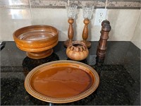 Signed pottery vintage wooden candlesticks & bowl