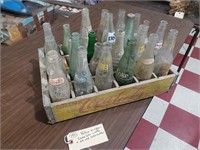 Coca Cola wooden tote +24 old soda bottles