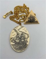 Scrimshaw Pendant on Gold Tone Chain and Pin