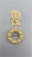 Carved Bone Pin Brooch Floral Wreath Rose