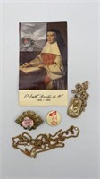 Religious Relic Mary Necklace Floral Brooch Gold