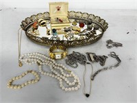 Vanity mirrored tray & estate jewelry