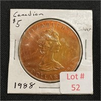 1988 Canadian $5 Fine Silver 1oz Maple Leaf