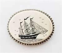Sterling Silver and Scrimshaw Ship Pin