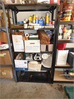 LOTS OF PAINTING SUPPLIES INCLUDING METAL SHELF