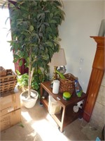 SEVERAL FAKE PLANTS, LAMP TABLE & CONTENTS