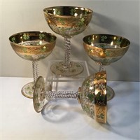 4 GILT ENAMELED CHAMPAGNE GLASSES POSSIBLY MOSER