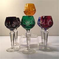 6 BOHEMIAN CRYSTAL MULTI-COLOURED LIQUEUR GLASSES