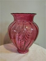 Fenton Cranberry Glass Feather Pattern Vase