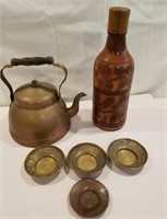 Copper teapot, wooden wine bottle holder, brass