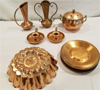Copper lot, candlestick holders, vases, mold,