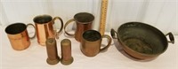 Copper cups, salt / peppers shakers, pan with