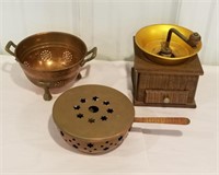 Copper items, strainer, coffee grinder, teapot