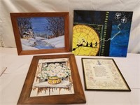 4 pictures, one on canvas, 2 needle point,