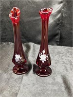 FENTON PAIR OF HAND PAINTED/SIGNED RUBY RED VASES
