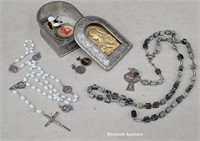 HEAVY Rosary box w/rosaries & coin earrings -