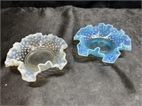 PAIR OF BLUE AND WHITE OPALESCENT HOBNAIL DISHES