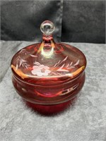 CRANBERRY RED CANDDY DISH W/ FLORAL ETCHING