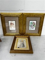 3 gold tone frames w prints