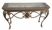 GLASS AND LEATHER TOP CONSOLE TABLE