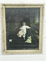 Framed print vintage little girl and doll