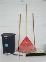 Garden tools & broom & garbage can