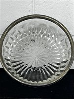 Heavy vintage glass bowl w metal rim