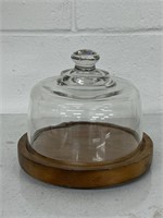 Vintage Round Wood Serving Cheese Plate Dome Glass