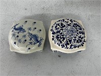 2 Ceramic Trinket Box Blue White Flowers Leaves