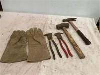 Gloves. Fencing pliers.  Hammers.
