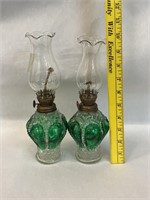 Pair Vintage Green Crown Oil Lamps