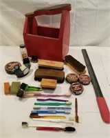 Shoe shine kit with contents, polishes, brushes,
