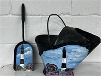 Hand painted primitive fireplace shovel and bucket