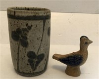 Stoneware Pottery Glazed Cup 5" x 3" , Bird