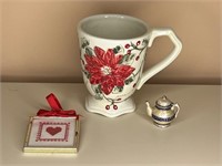 Gibson mug, teapot ring box tiny, cross-stitch